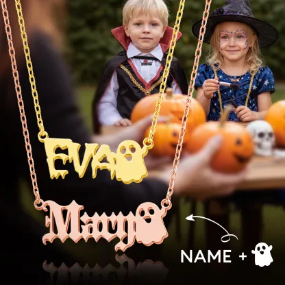 Personalized Halloween Ghost Gothic Name Necklace and Bat Name Ring Set