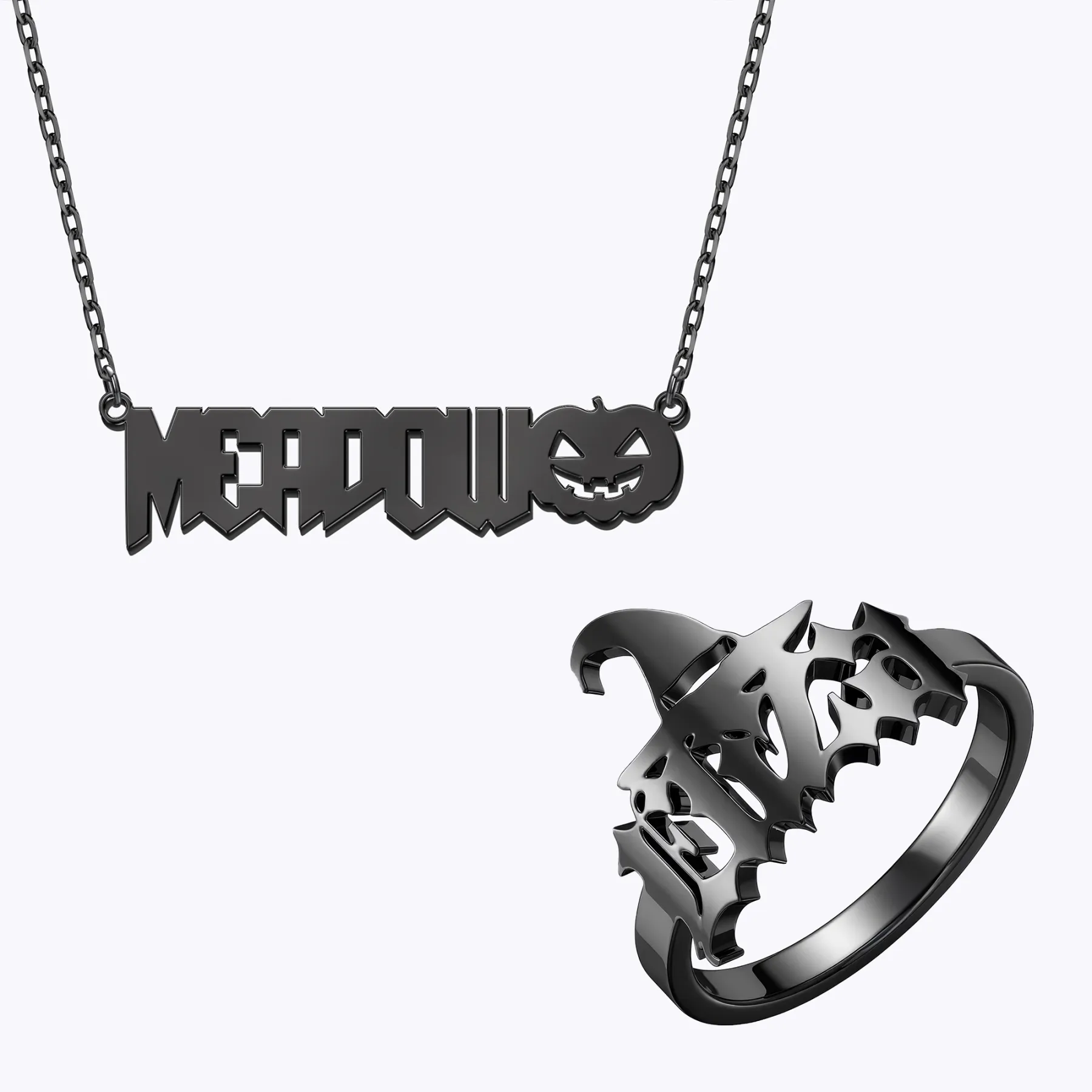 Personalized Halloween Pumpkin Gothic Name Necklace and Witch Hat Name Ring Set