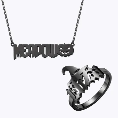 Personalized Halloween Pumpkin Gothic Name Necklace and Witch Hat Name Ring Set