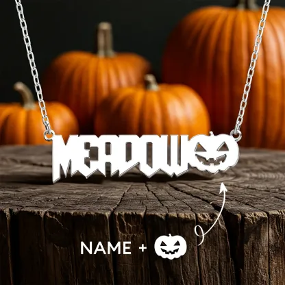 Personalized Halloween Pumpkin Gothic Name Necklace and Witch Hat Name Ring Set
