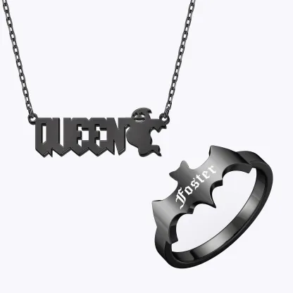 Personalized Halloween Gothic Ghost Name Necklace and Bat Name Ring Set