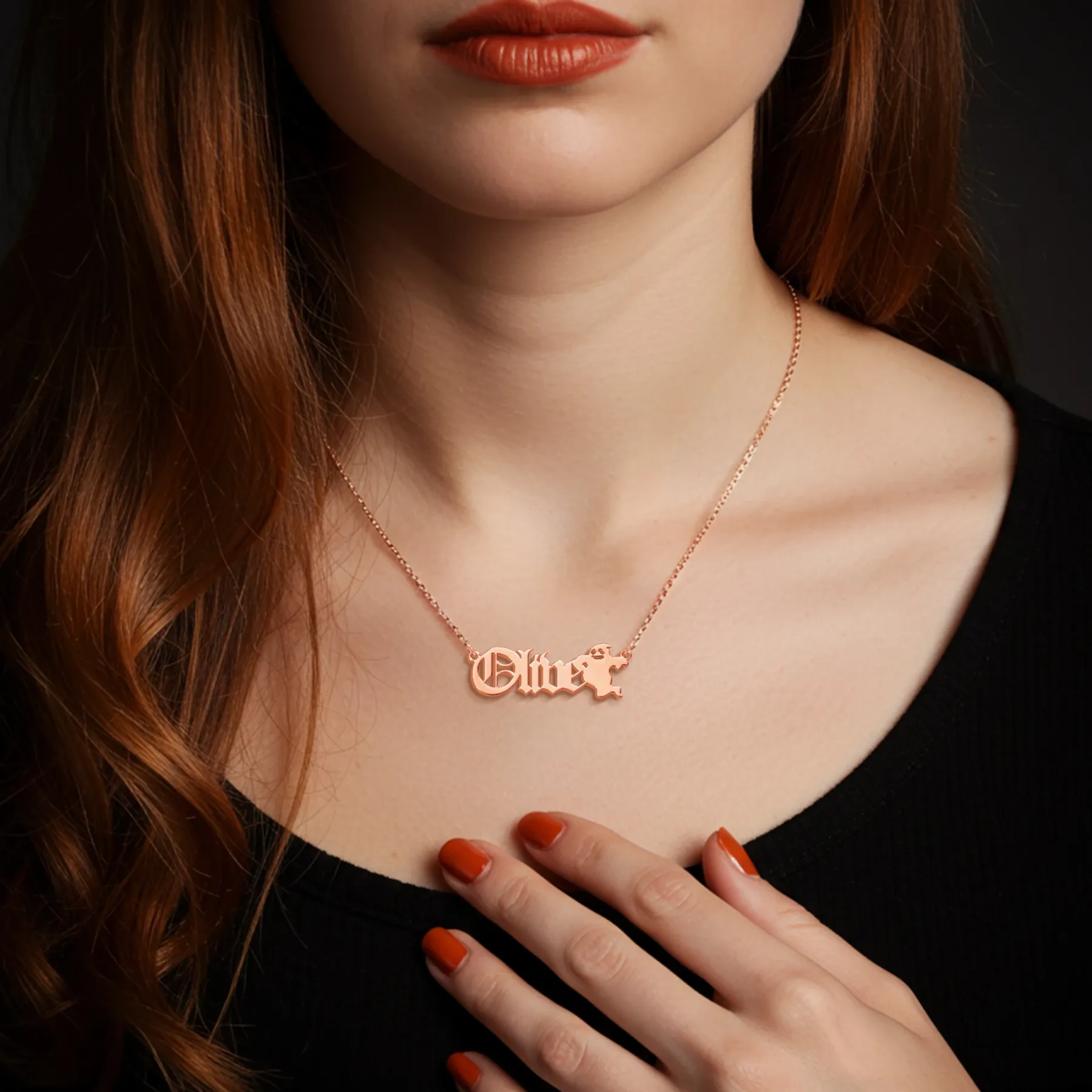 Personalized Halloween Gothic Ghost Name Necklace and Bat Name Ring Set