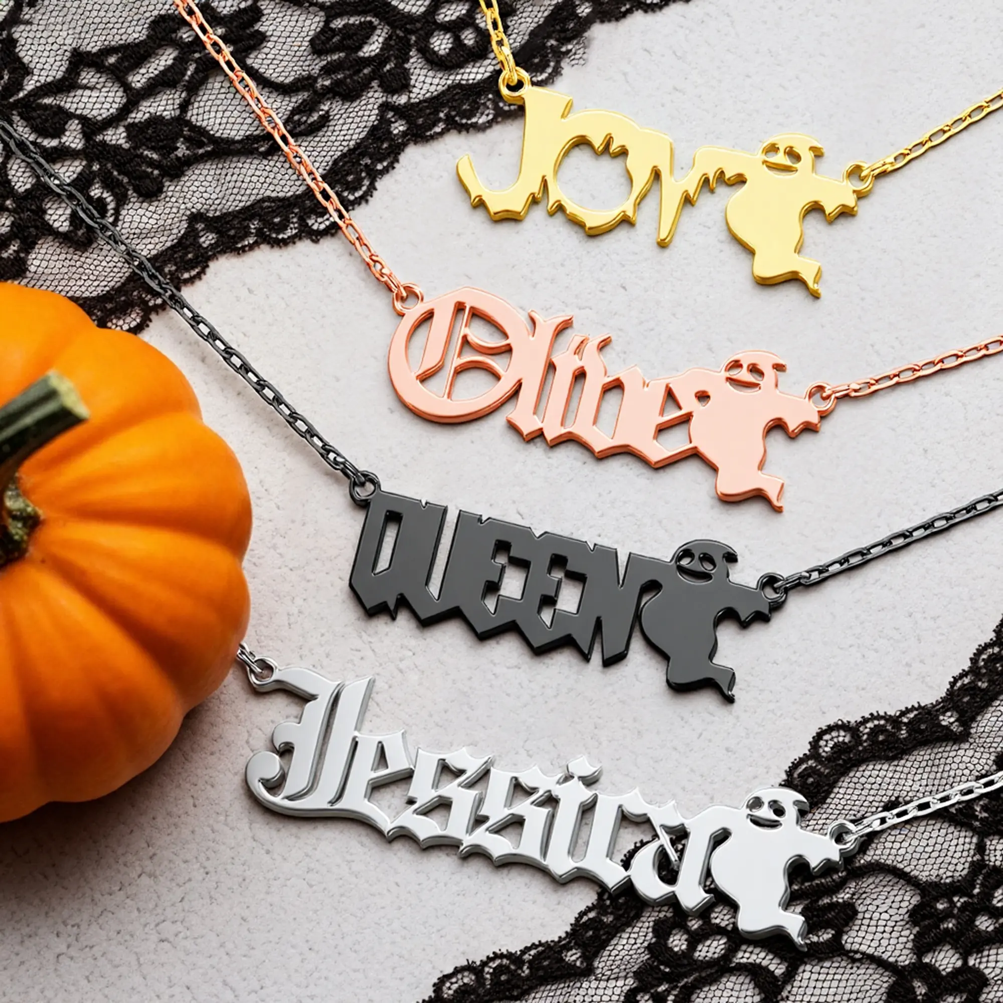 Personalized Halloween Gothic Ghost Name Necklace and Bat Name Ring Set