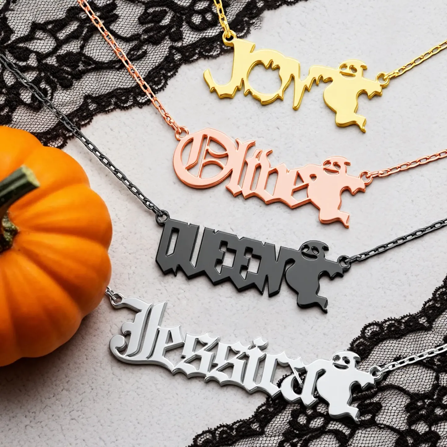 Personalized Halloween Gothic Ghost Name Necklace and Bat Name Ring Set