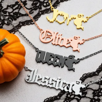 Personalized Halloween Gothic Ghost Name Necklace and Bat Name Ring Set