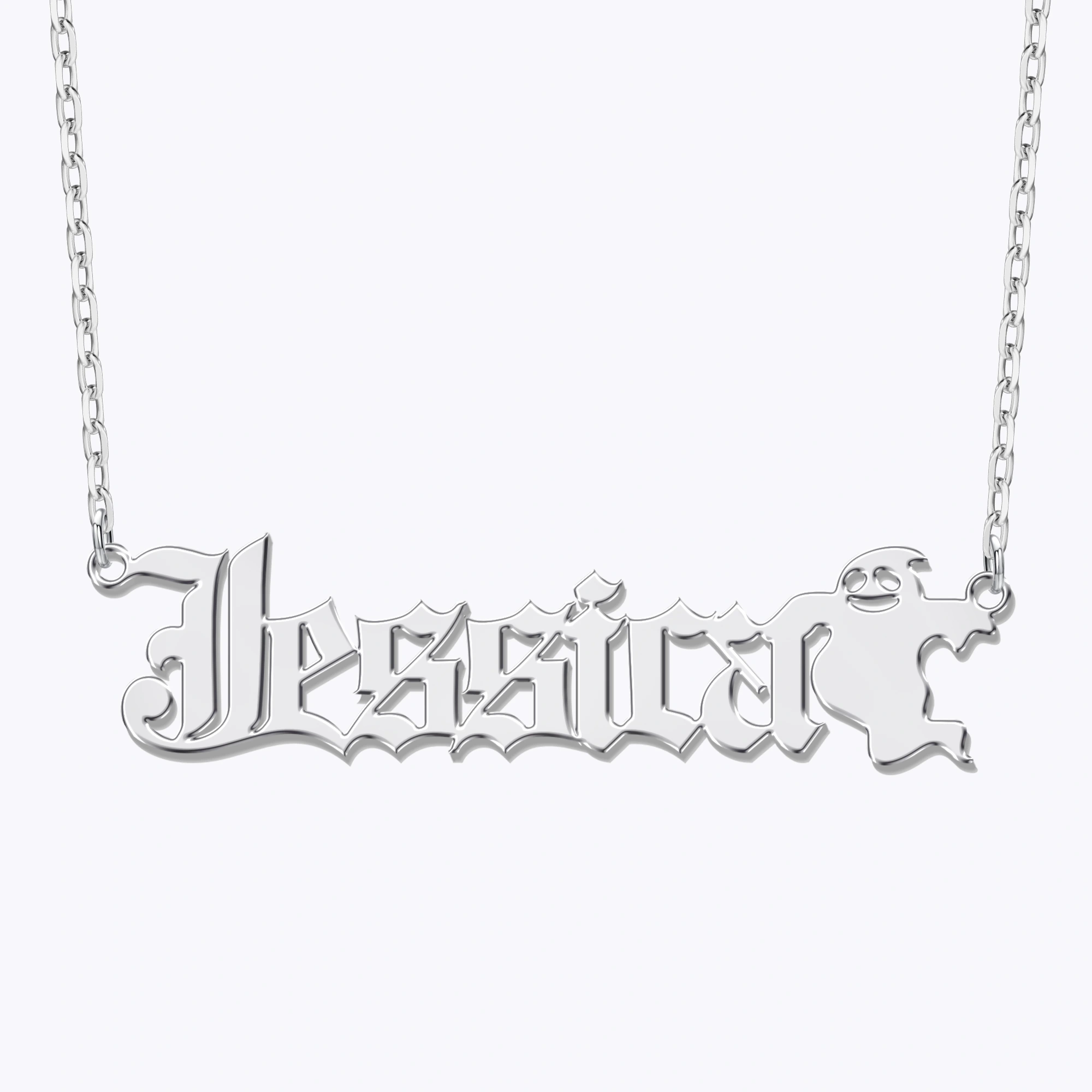 Personalized Halloween Gothic Ghost Name Necklace and Bat Name Ring Set