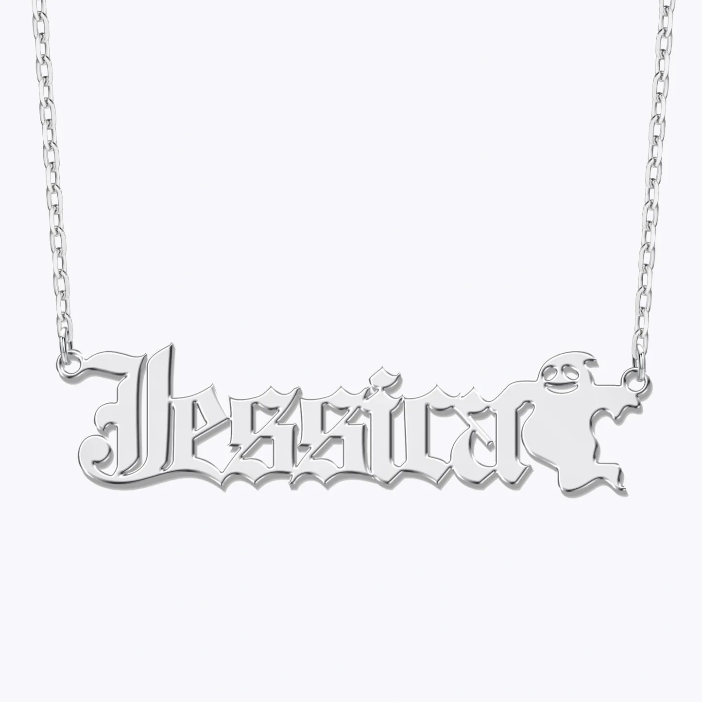 Personalized Halloween Gothic Ghost Name Necklace and Bat Name Ring Set