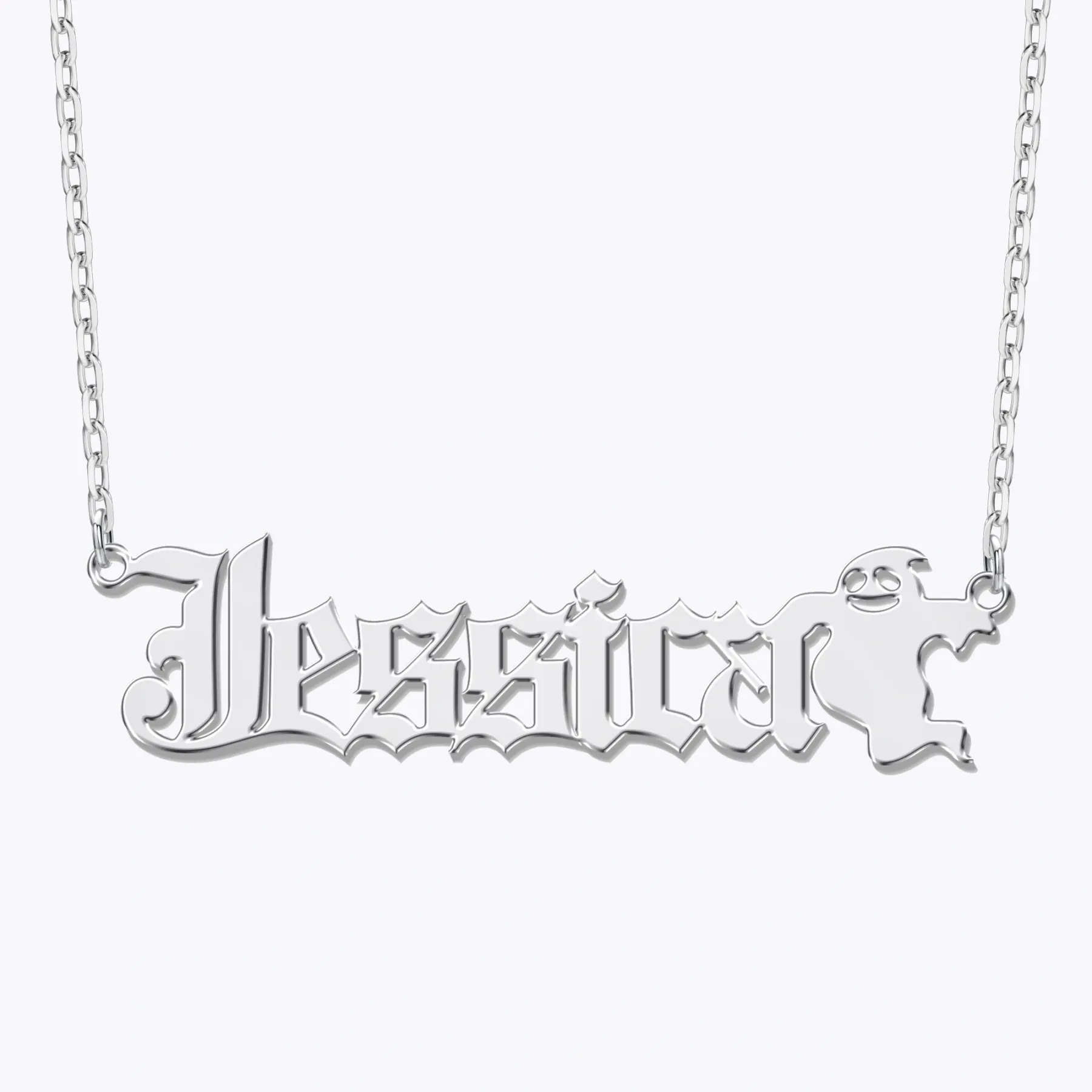 Personalized Halloween Gothic Ghost Name Necklace and Bat Name Ring Set