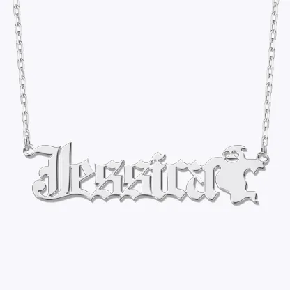 Personalized Halloween Gothic Ghost Name Necklace and Bat Name Ring Set