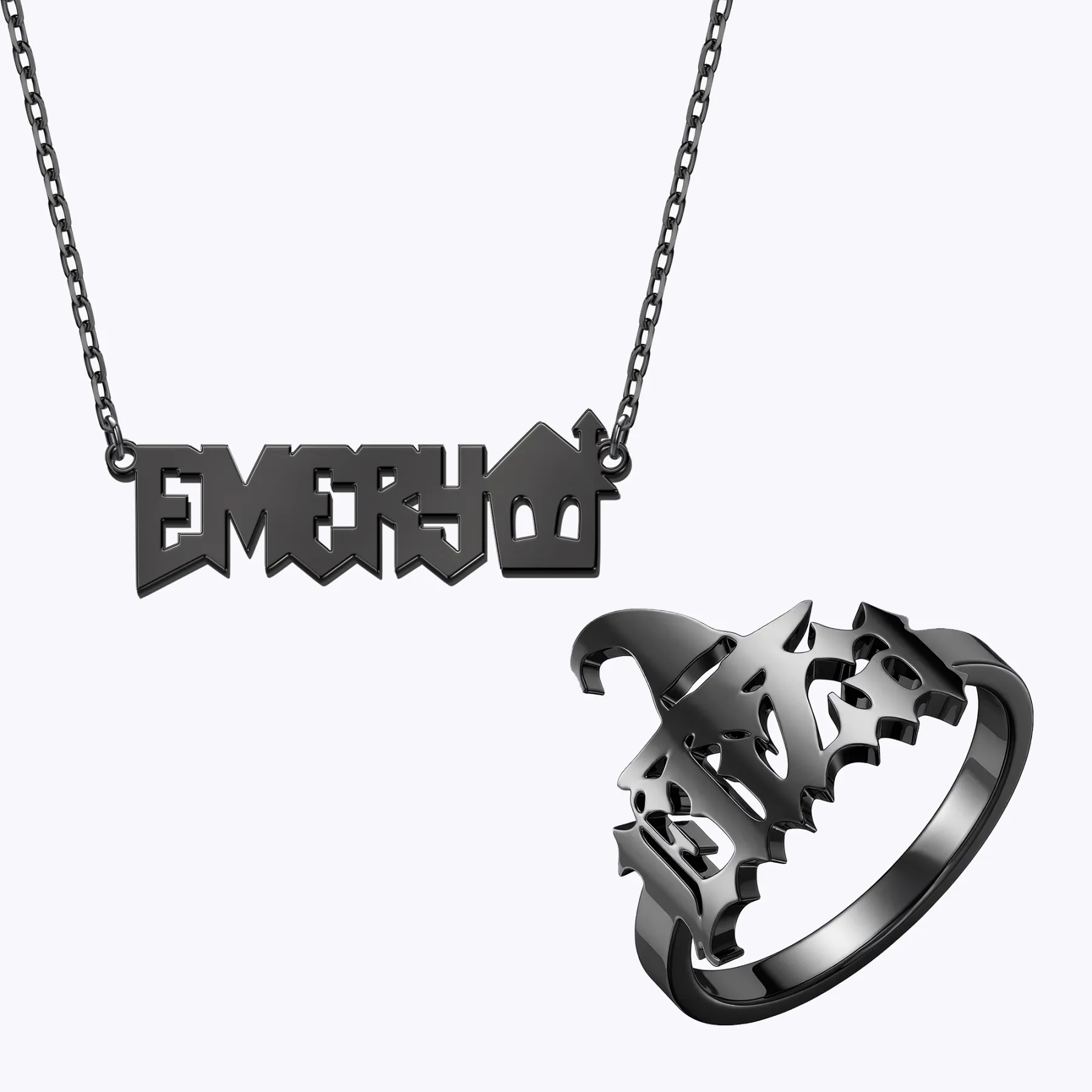 Personalized Halloween House Gothic Name Necklace and Witch Hat Name Ring Set