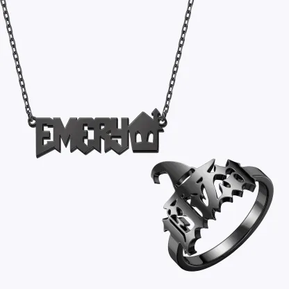 Personalized Halloween House Gothic Name Necklace and Witch Hat Name Ring Set