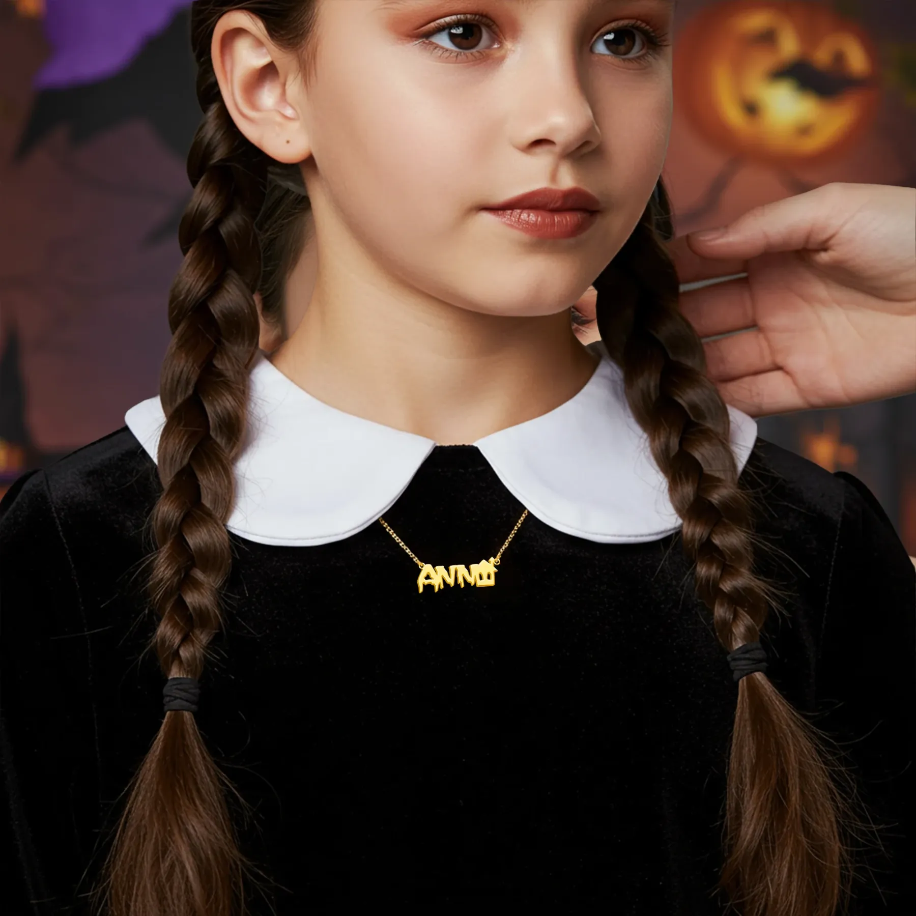 Personalized Halloween House Gothic Name Necklace and Witch Hat Name Ring Set