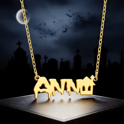 Personalized Halloween House Gothic Name Necklace and Witch Hat Name Ring Set