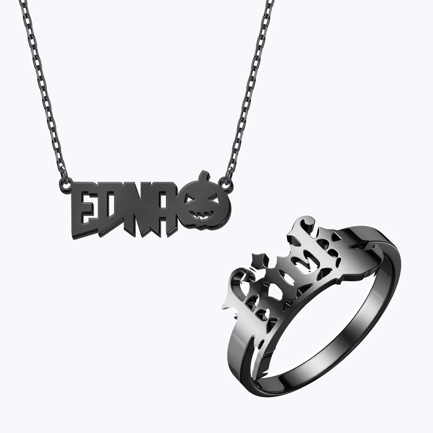Personalized Halloween Gothic Pumpkin Name Necklace and Broomstick Name Ring Set