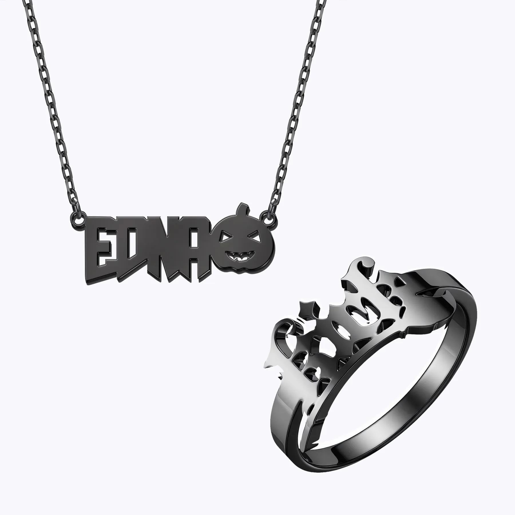 Personalized Halloween Gothic Pumpkin Name Necklace and Broomstick Name Ring Set