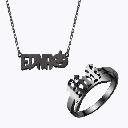 Personalized Halloween Gothic Pumpkin Name Necklace and Broomstick Name Ring Set