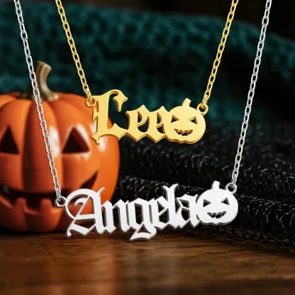 Personalized Halloween Gothic Pumpkin Name Necklace and Broomstick Name Ring Set