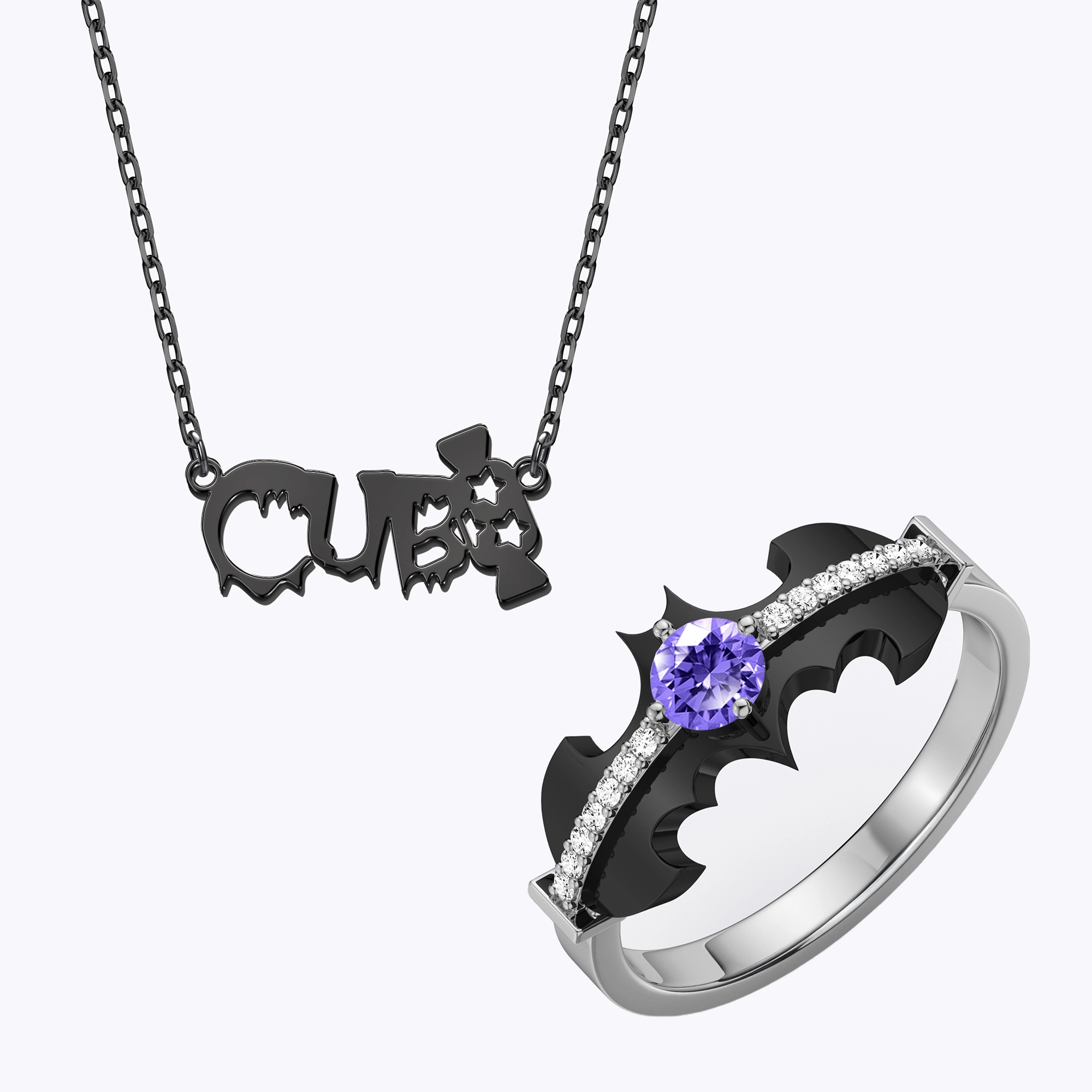 Personalized Halloween Candy Gothic Name Necklace and Bat Birthstone Ring Set