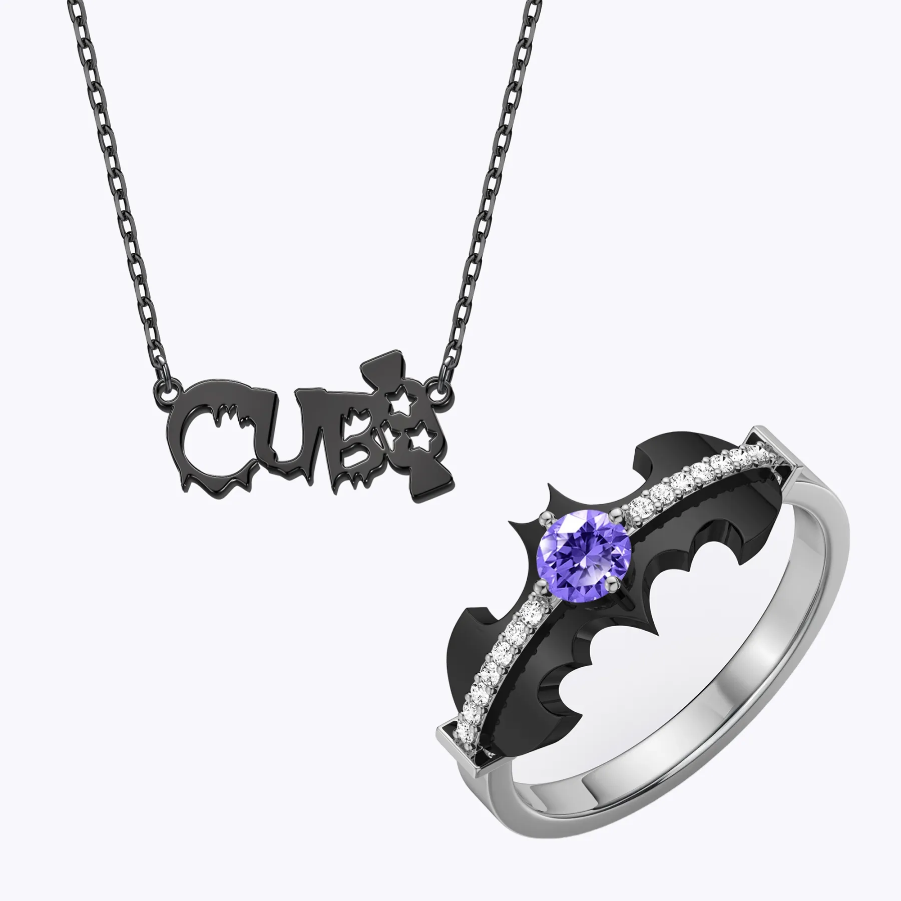 Personalized Halloween Candy Gothic Name Necklace and Bat Birthstone Ring Set