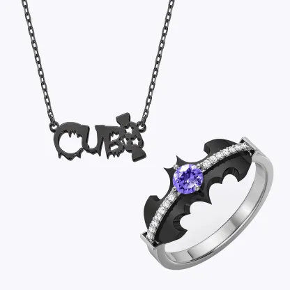 Personalized Halloween Candy Gothic Name Necklace and Bat Birthstone Ring Set