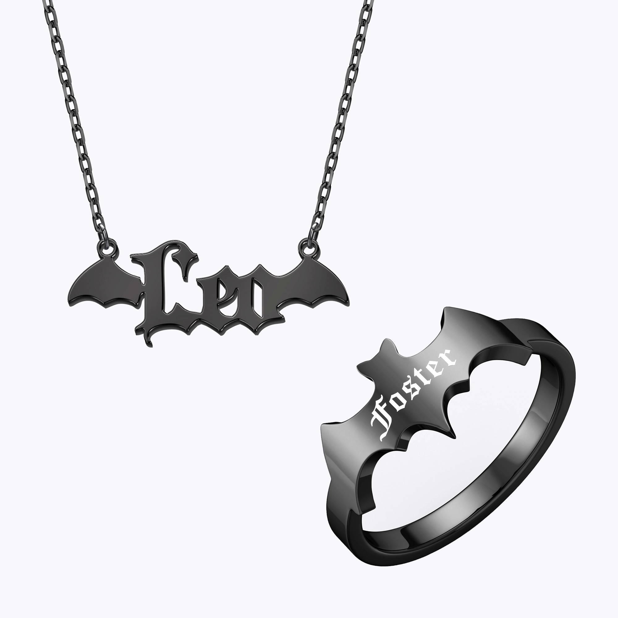 Personalized Halloween Bat Gothic Name Necklace and Bat Name Ring Set