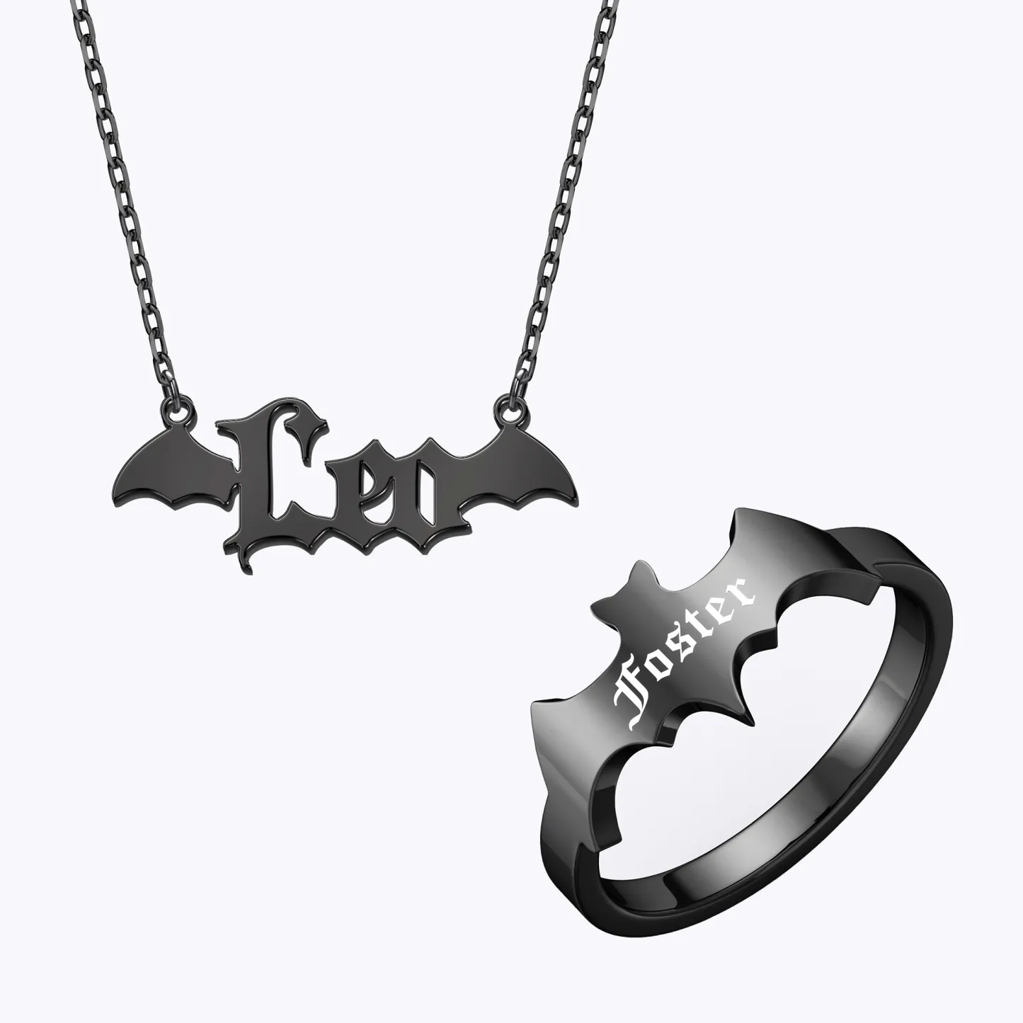 Personalized Halloween Bat Gothic Name Necklace and Bat Name Ring Set