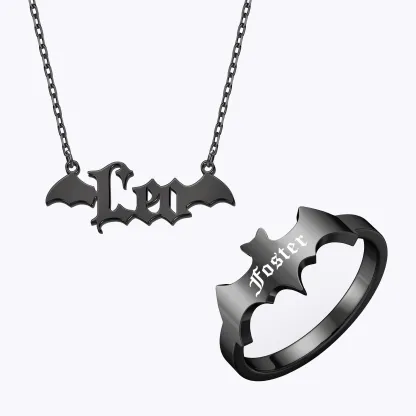 Personalized Halloween Bat Gothic Name Necklace and Bat Name Ring Set