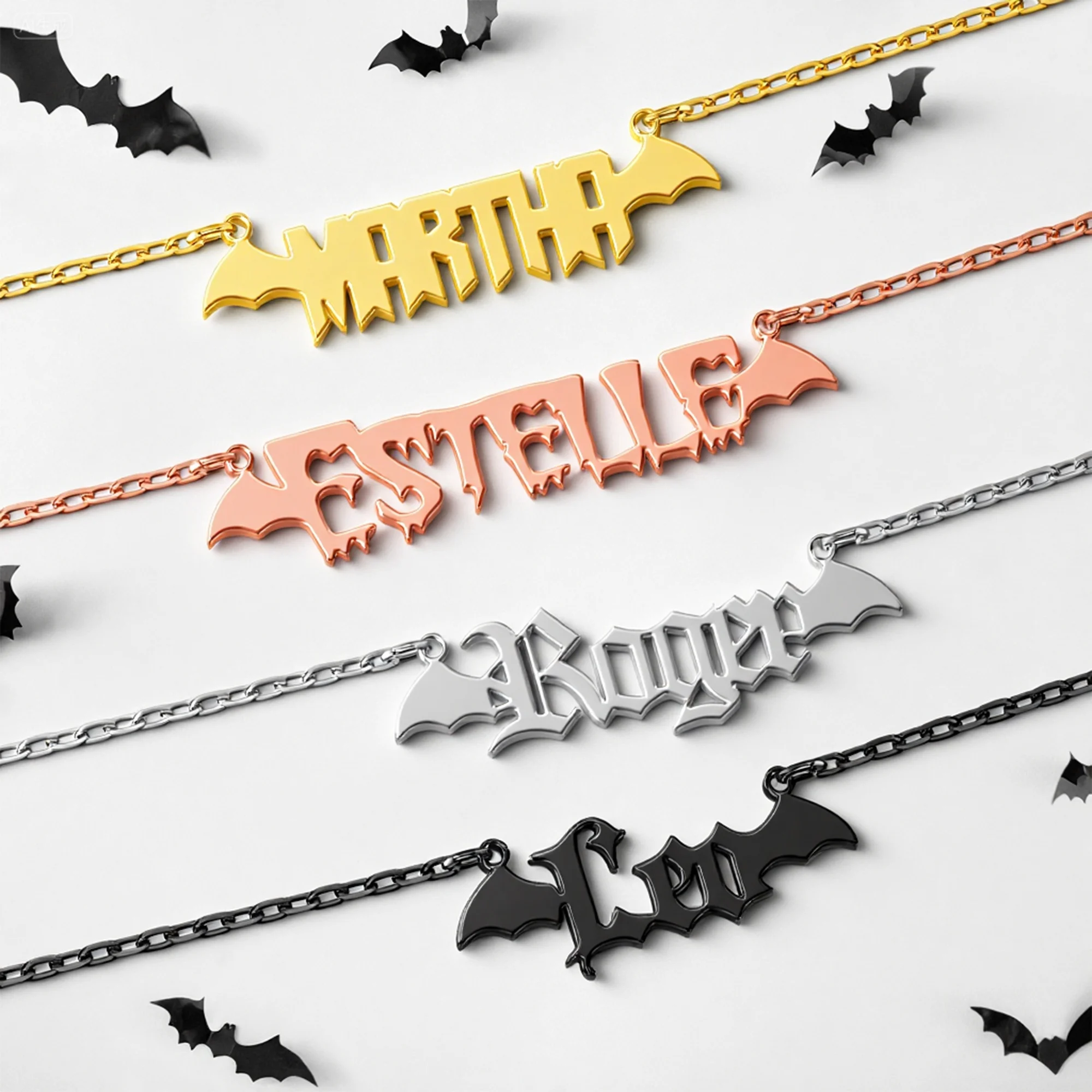 Personalized Halloween Bat Gothic Name Necklace