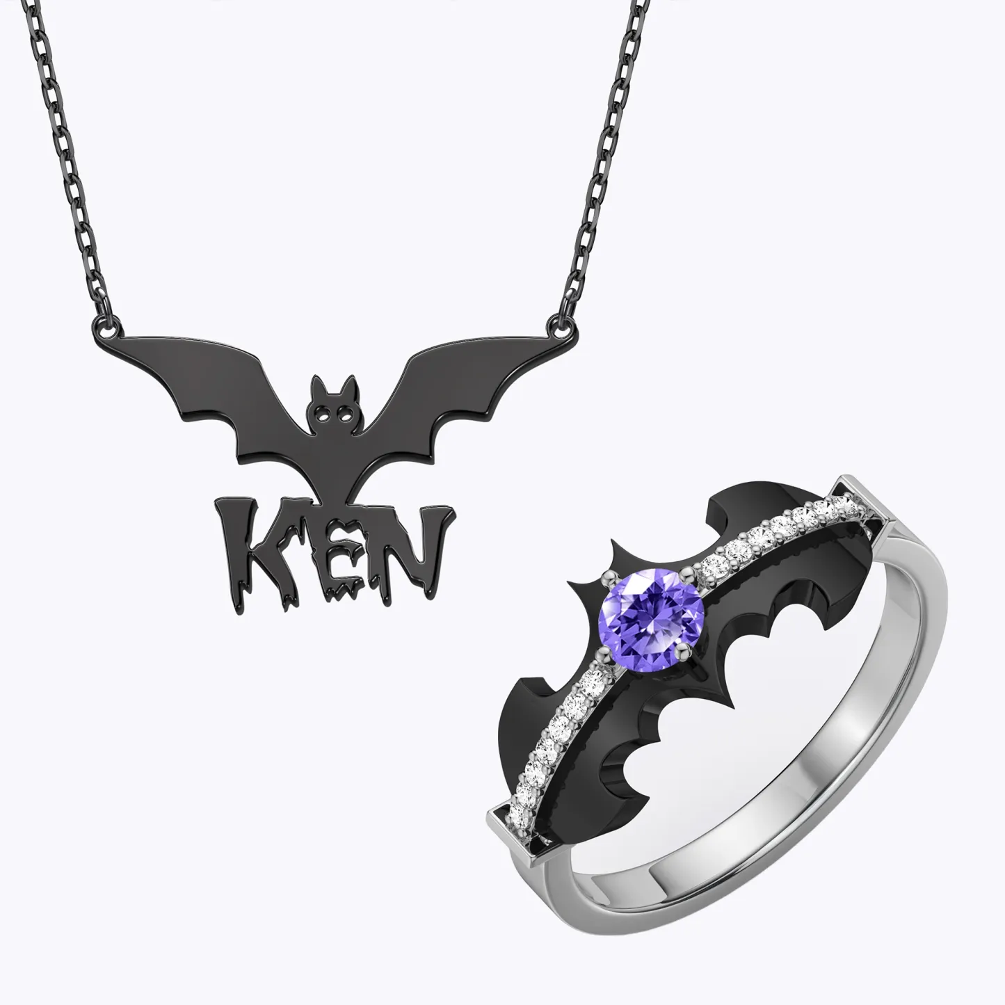 Personalized Halloween Gothic Bat Name Necklace and and Bat Birthstone Ring Set
