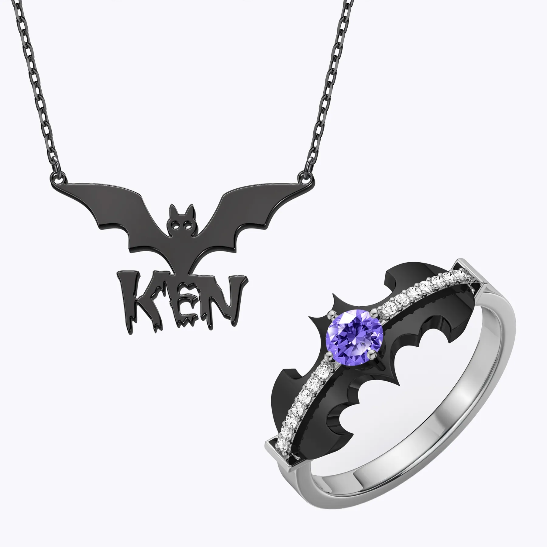 Personalized Halloween Gothic Bat Name Necklace and and Bat Birthstone Ring Set