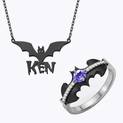 Personalized Halloween Gothic Bat Name Necklace and and Bat Birthstone Ring Set