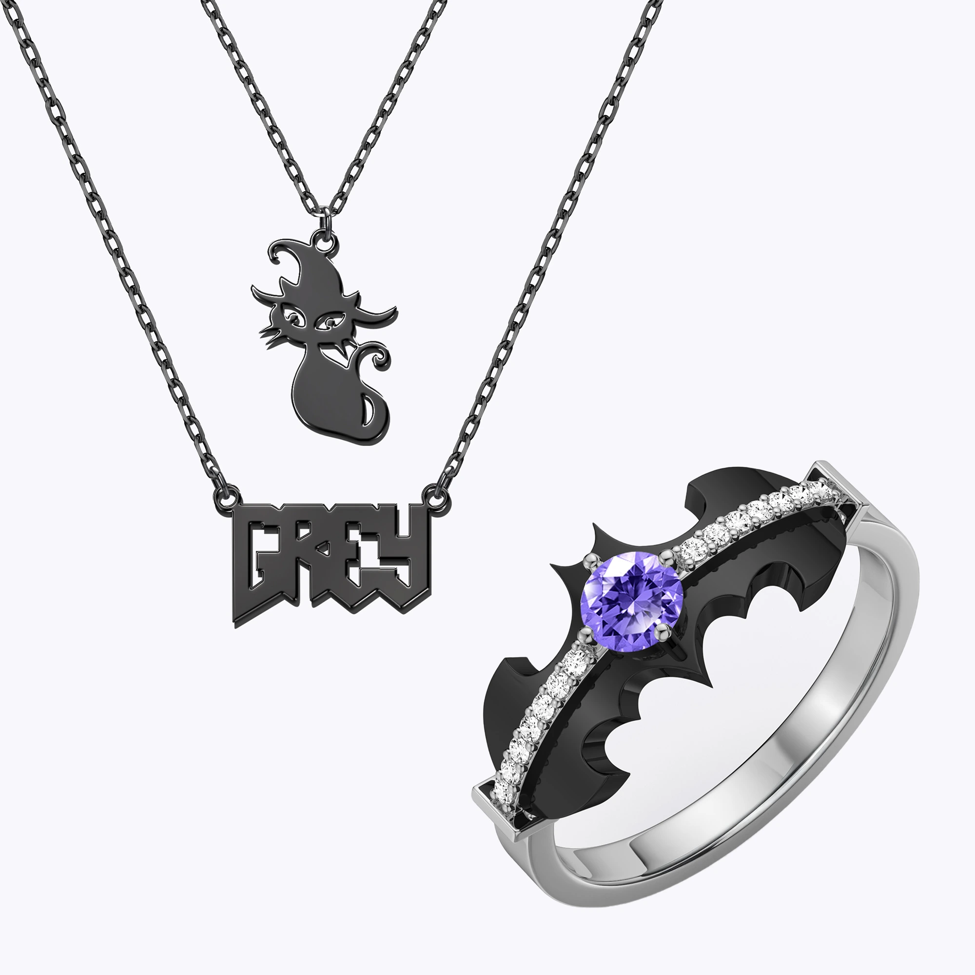 Personalized Halloween Double Layer Cat Gothic Name Necklace and Bat Birthstone Ring Set