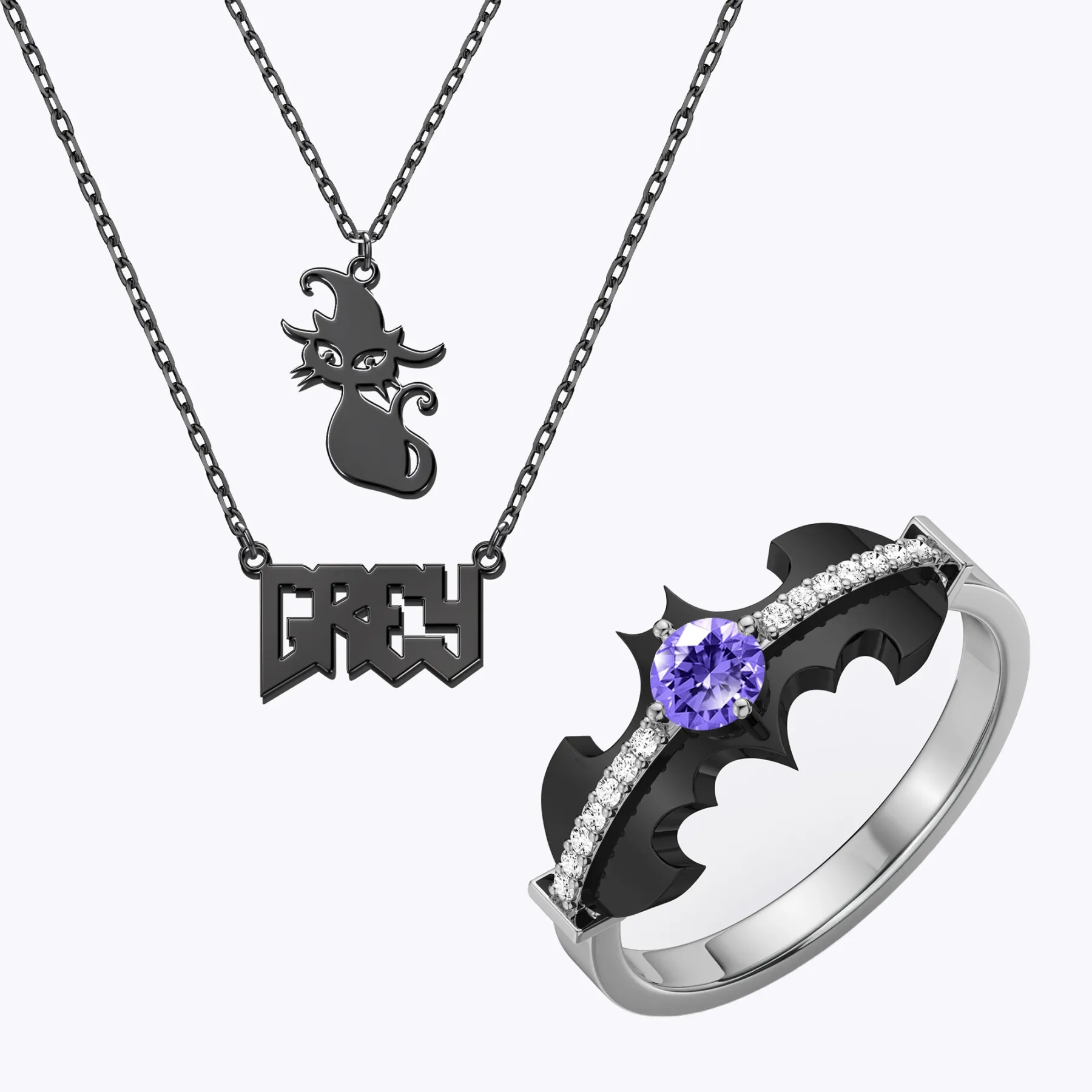 Personalized Halloween Double Layer Cat Gothic Name Necklace and Bat Birthstone Ring Set