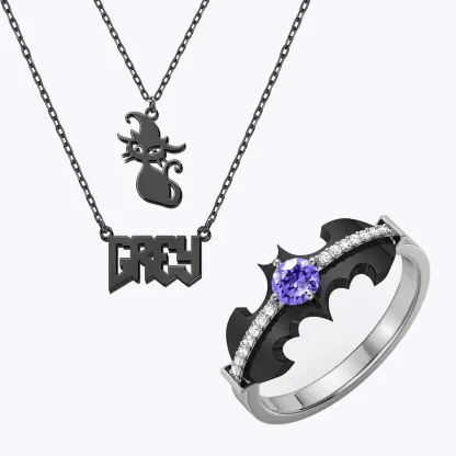 Personalized Halloween Double Layer Cat Gothic Name Necklace and Bat Birthstone Ring Set
