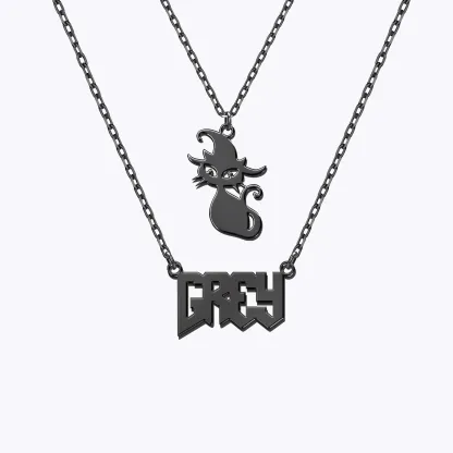 Personalized Halloween Double Layer Cat Gothic Name Necklace