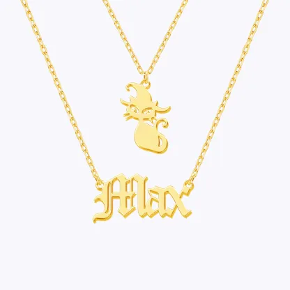 Personalized Halloween Double Layer Cat Gothic Name Necklace