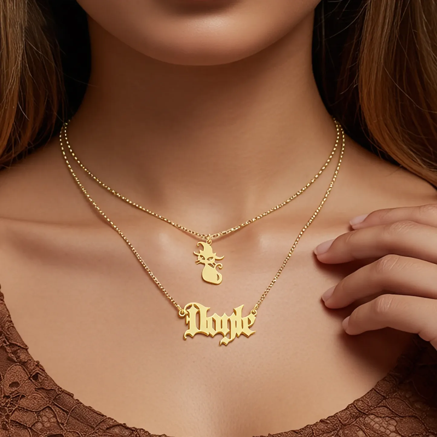 Personalized Halloween Double Layer Cat Gothic Name Necklace