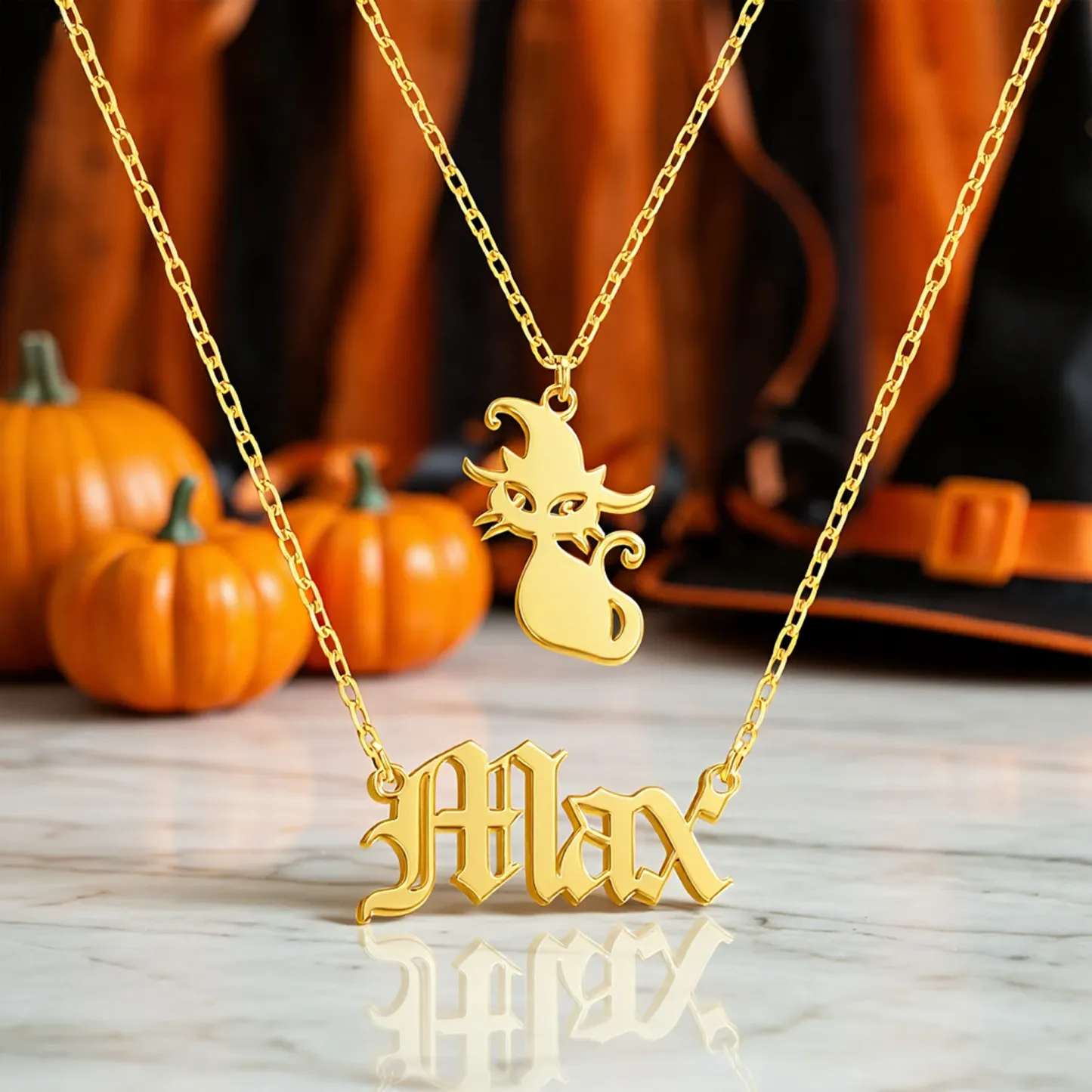 Personalized Halloween Double Layer Cat Gothic Name Necklace