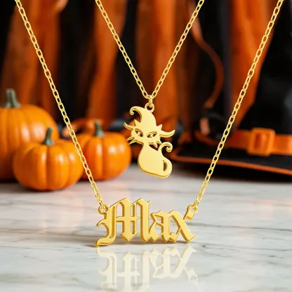 Personalized Halloween Double Layer Cat Gothic Name Necklace