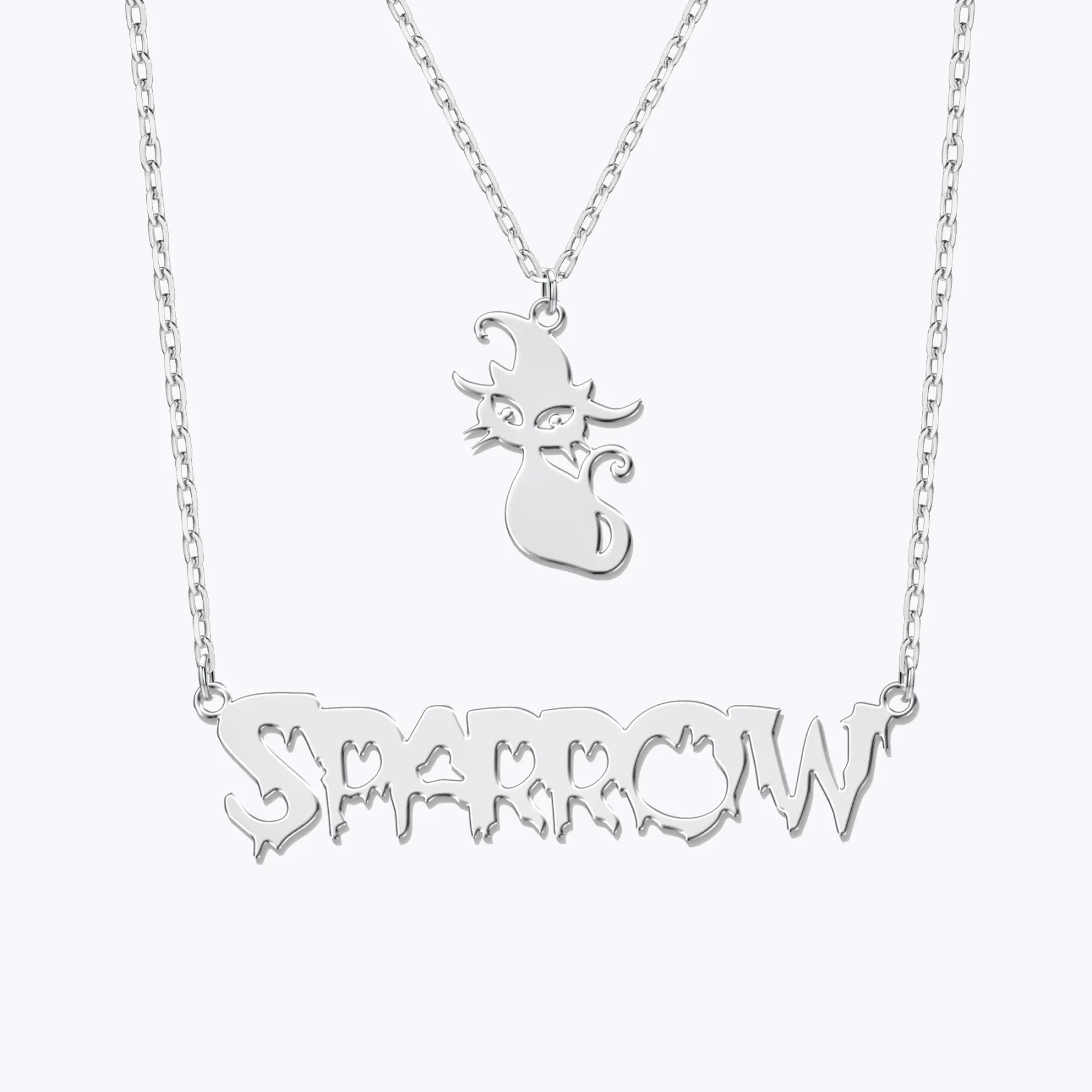 Personalized Halloween Double Layer Cat Gothic Name Necklace
