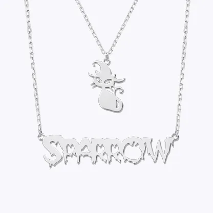 Personalized Halloween Double Layer Cat Gothic Name Necklace