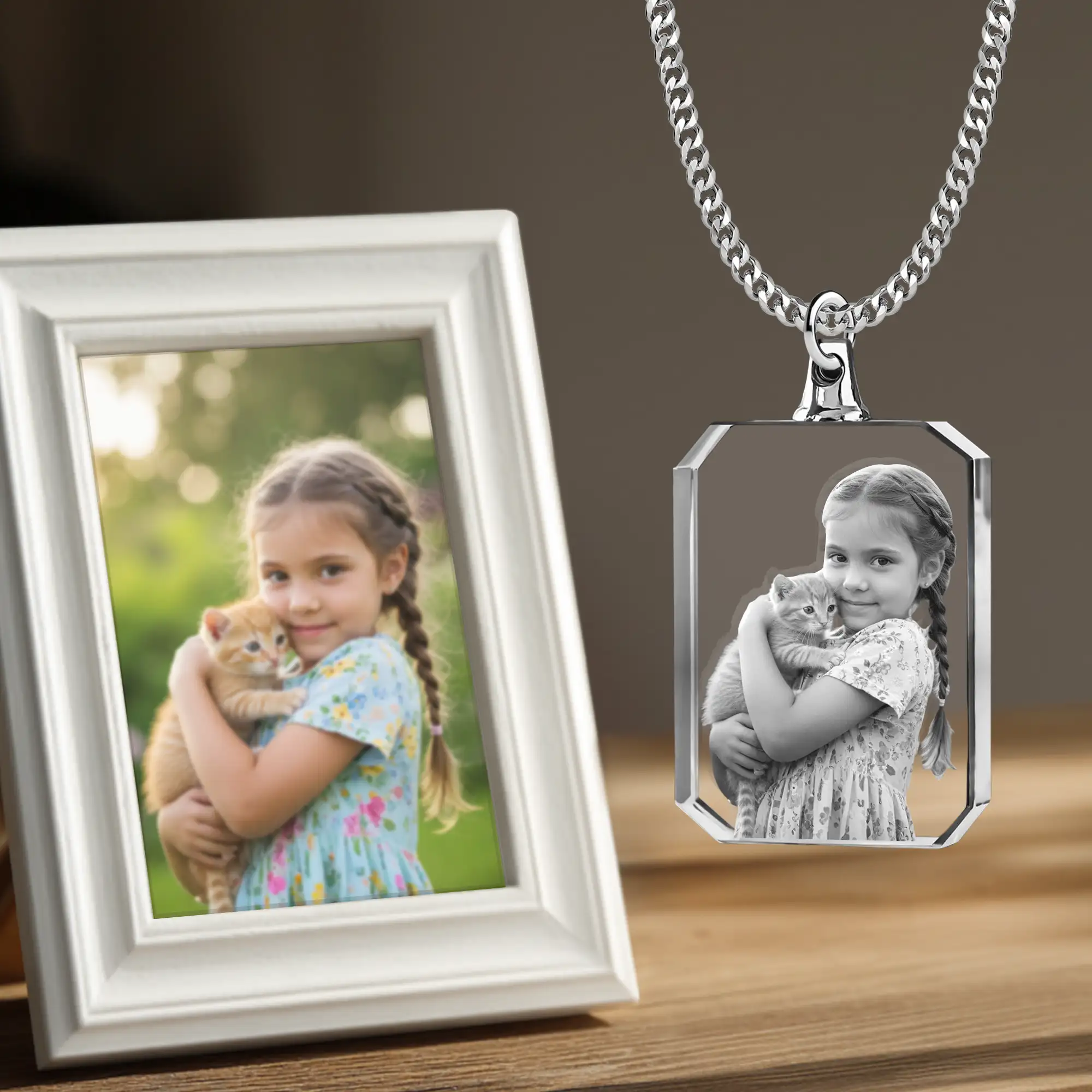 Custom Rectangular Shape Crystal Photo Necklace