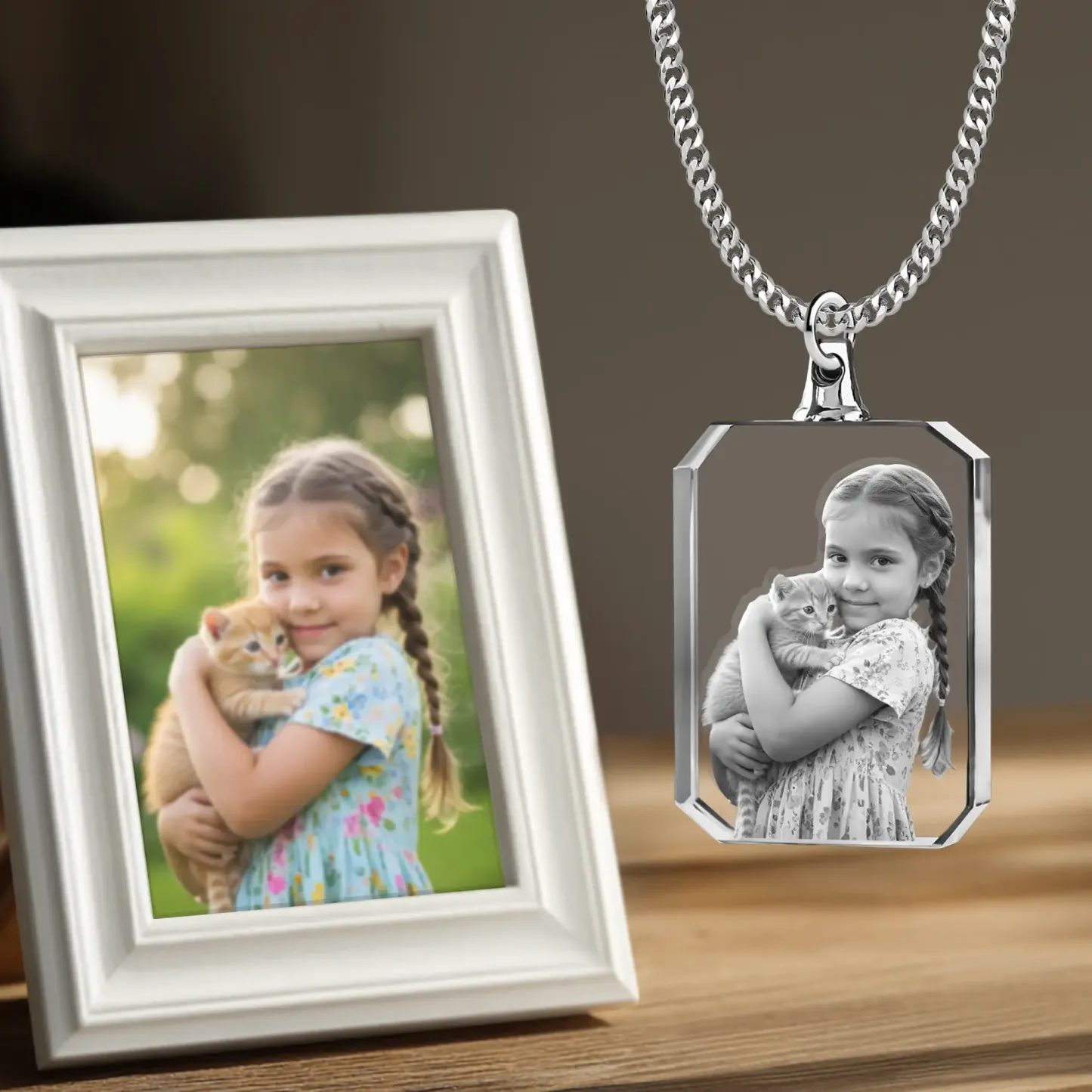 Custom Rectangular Shape Crystal Photo Necklace
