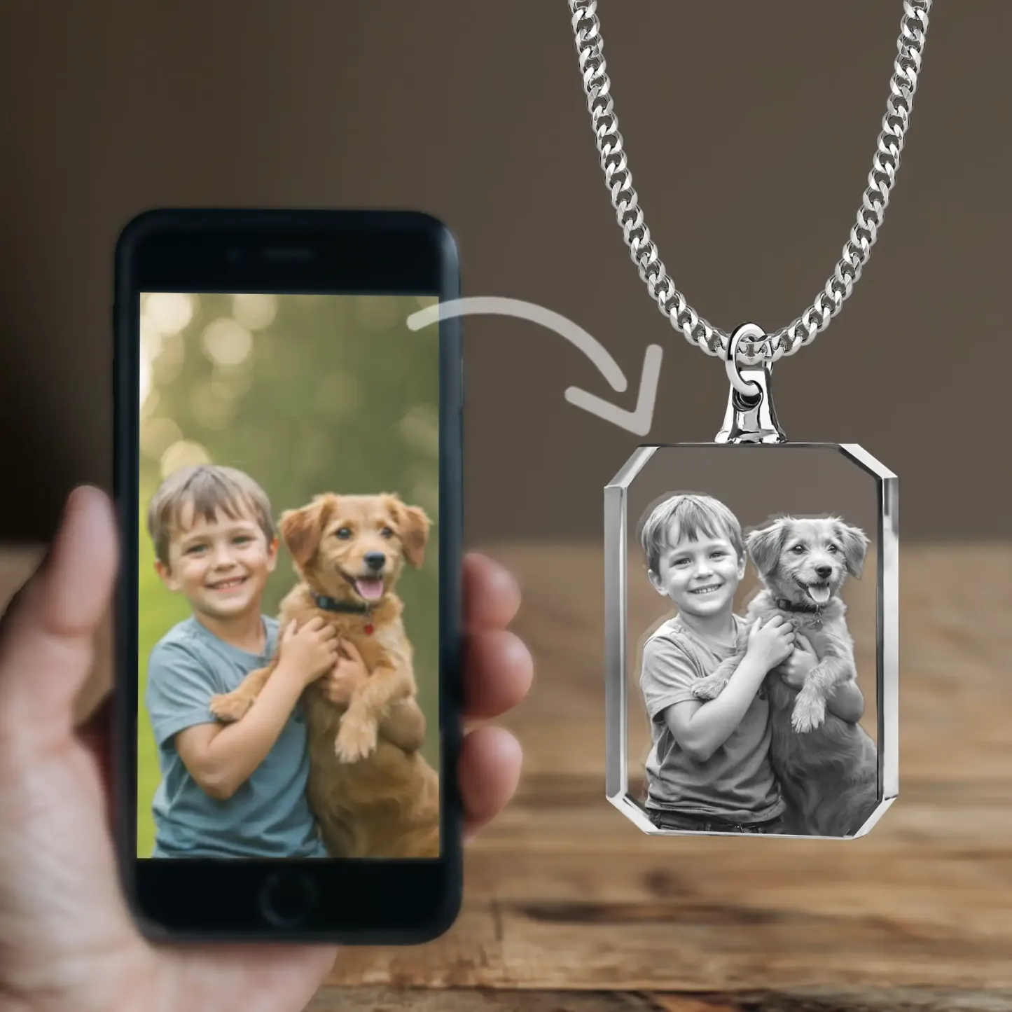 Custom Rectangular Shape Crystal Photo Necklace