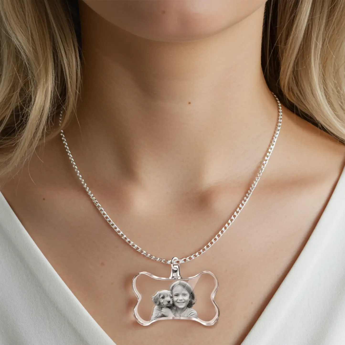Custom Bone Shape Crystal Photo Necklace