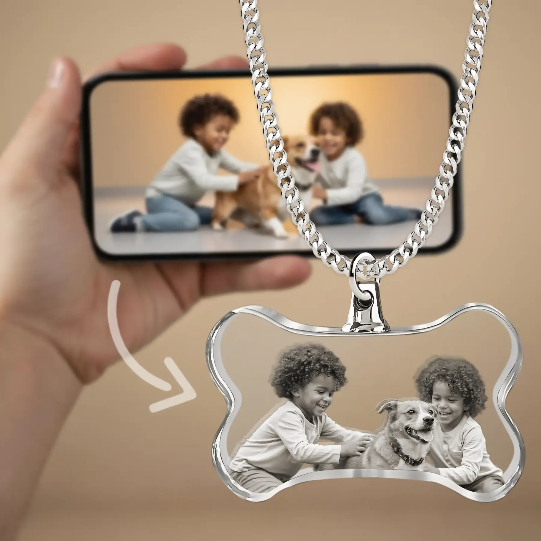 Custom Bone Shape Crystal Photo Necklace