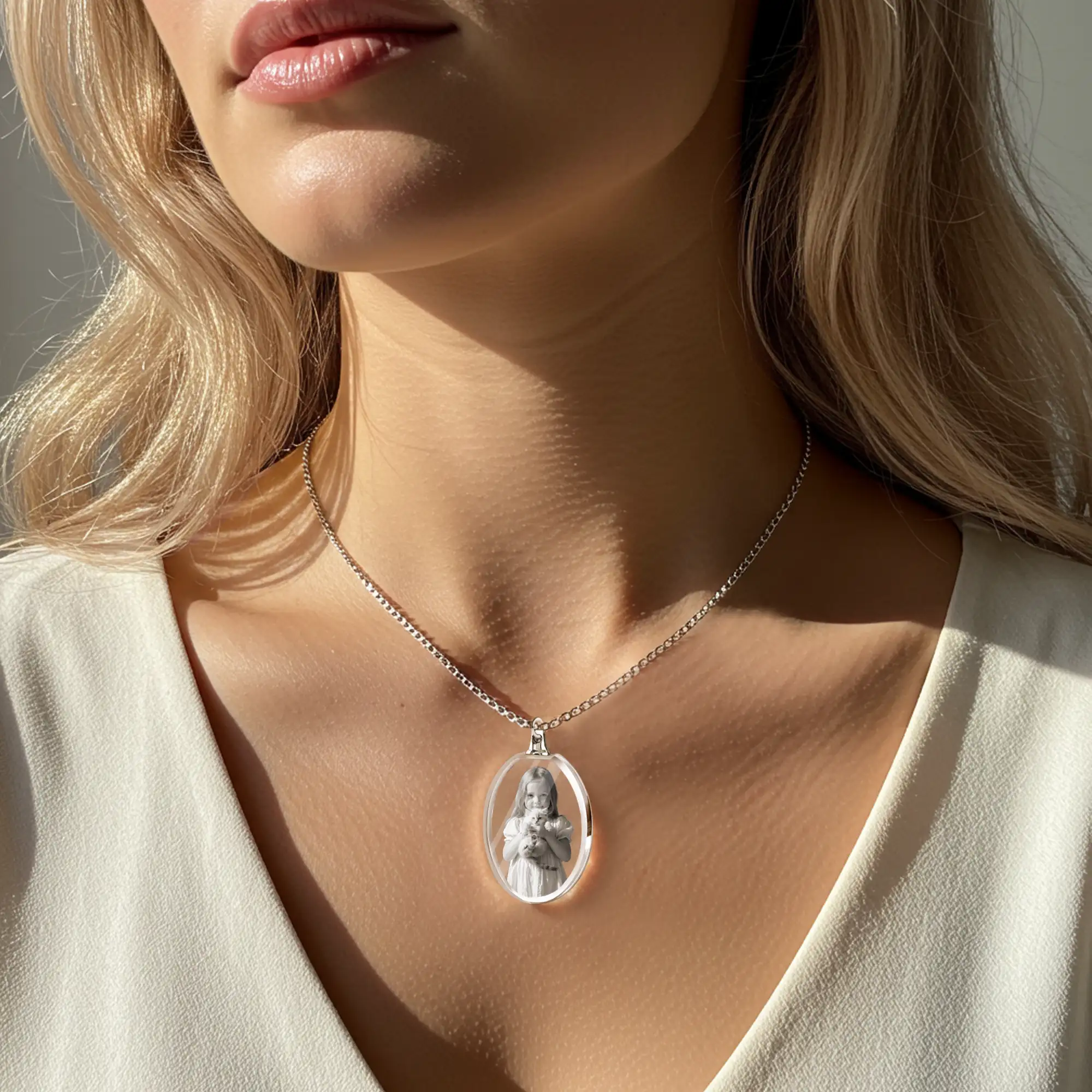Custom Oval Shape Crystal Photo Necklace