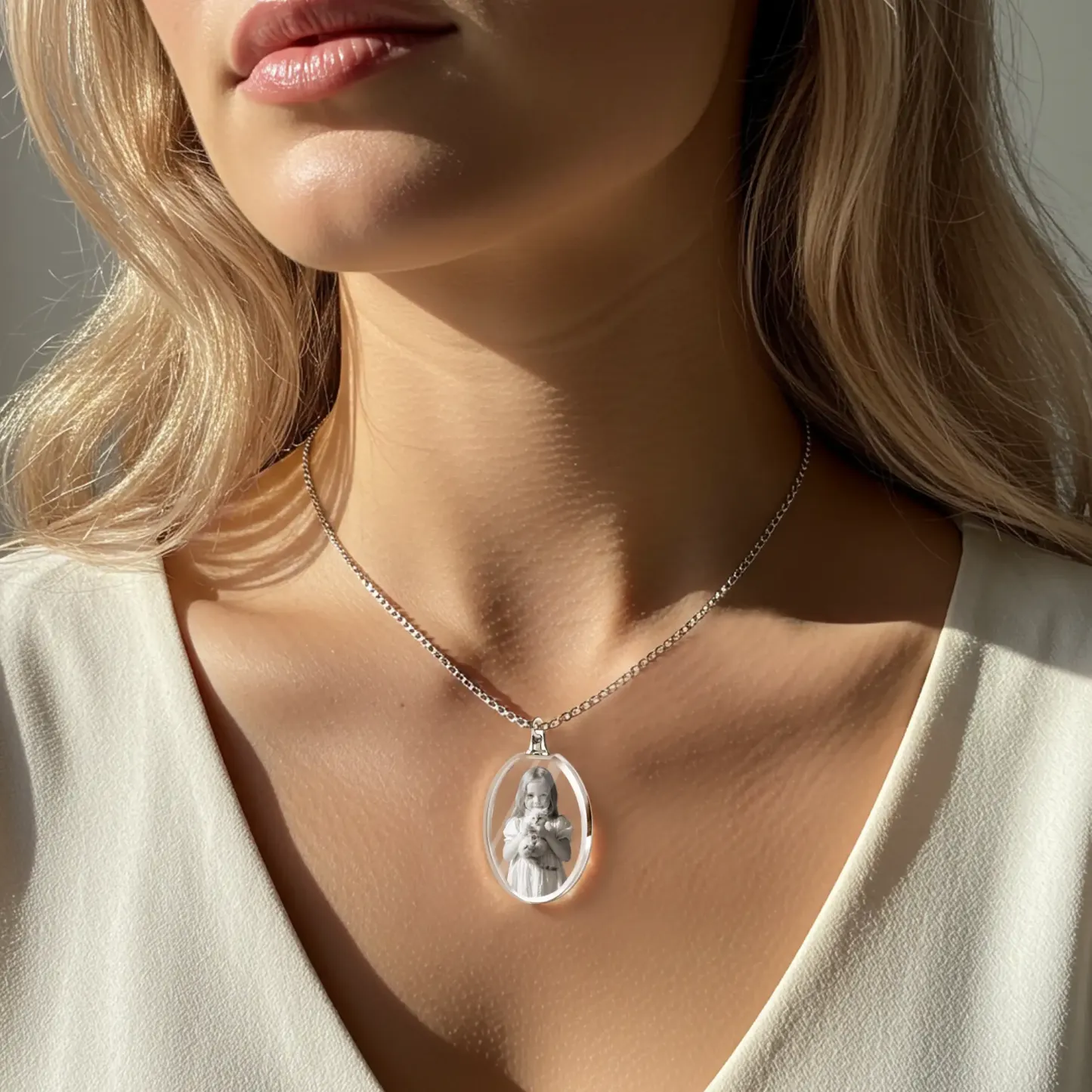 Custom Oval Shape Crystal Photo Necklace