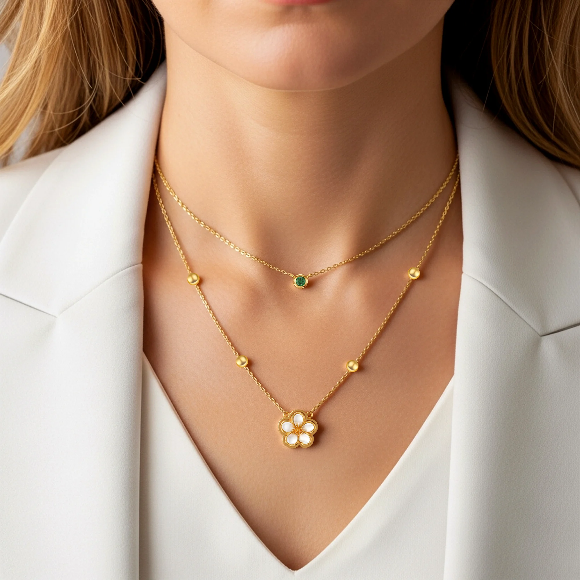 Whirling Blooms Collection Custom Spinning Birth Flower Double Layer Necklace with Birthstone