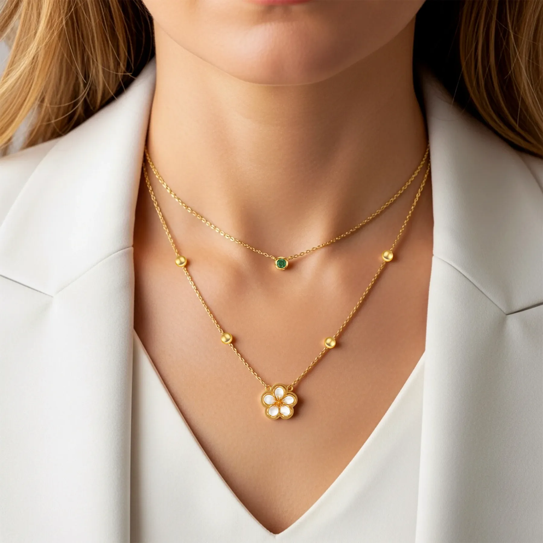 Whirling Blooms Collection Custom Spinning Birth Flower Double Layer Necklace with Birthstone